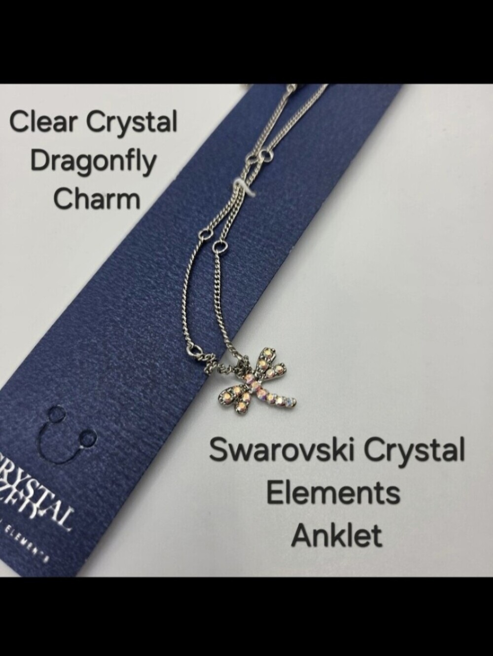 Crystal Anklet Swarovski Elements Clear Dragonfly Charm Silver Tone NWT
